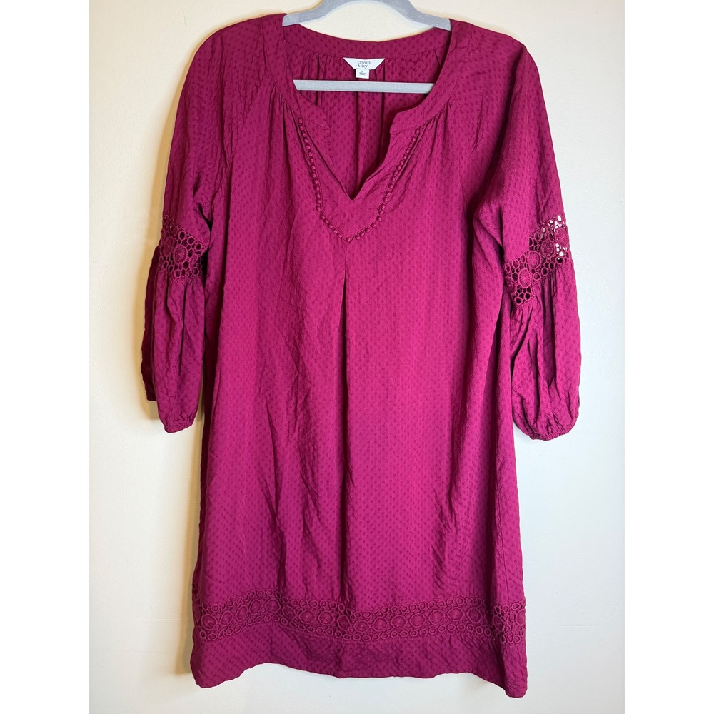 Crown & Ivy Red Crochet Lace Trim Split Neck Shift Dress Womens Medium